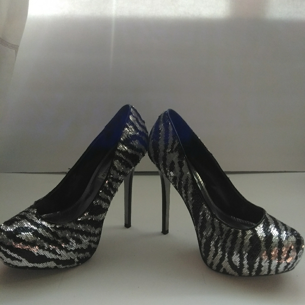 Silver and black Steve Madden sequined heels